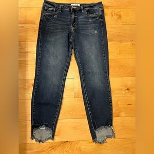 Size 15/16- KanCan high-rise dark wash skinny jeans- distressed raw hem-like new